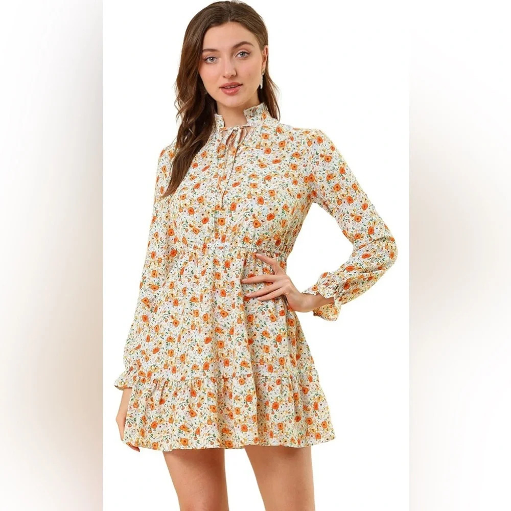 Allegra K Women's Tie Neck Long Sleeve Elastic Waist Ruffle‎ Hem Floral Dress